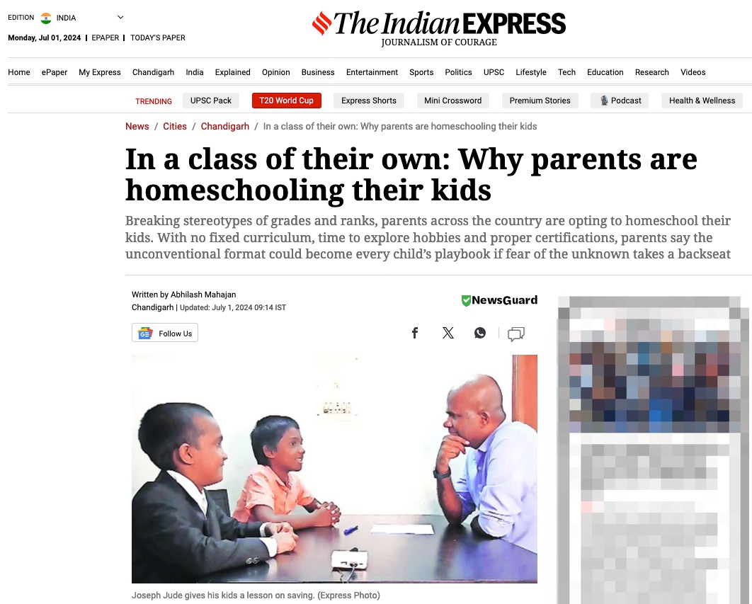 Screenshot of Indian Express Newspaper covering homeschooling experiment.