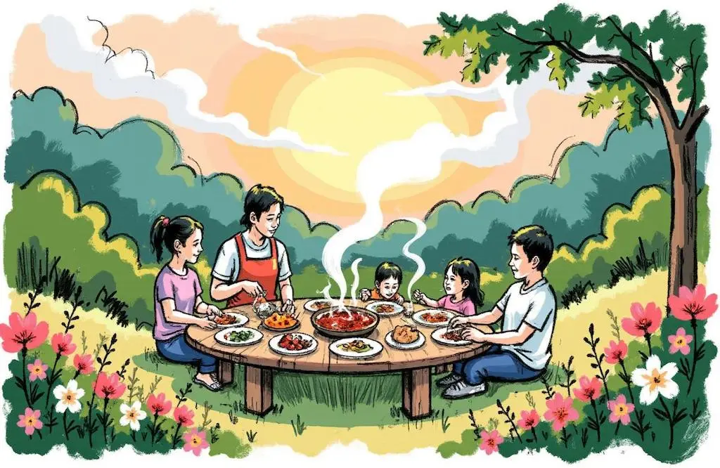 a family sitting in a green landscape eating dinner