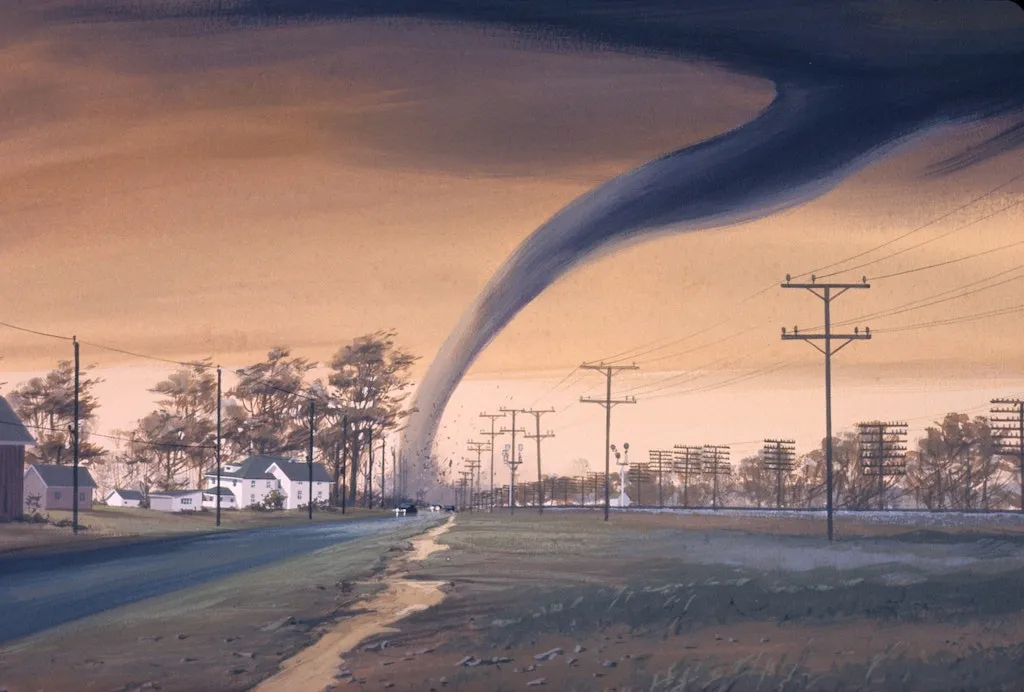 Artist's rendition of a tornado destroying a structure